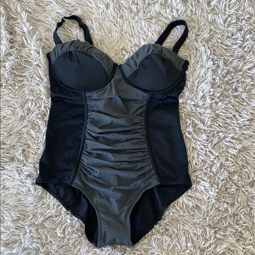 Elegant Black and Gray One Piece with Ruched Midsection